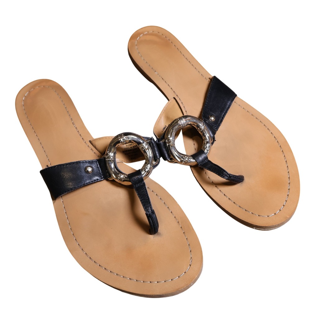 Nine West Sibeal Sandals Womens 10.5 Black Excellent Leather Thong Ring Detail